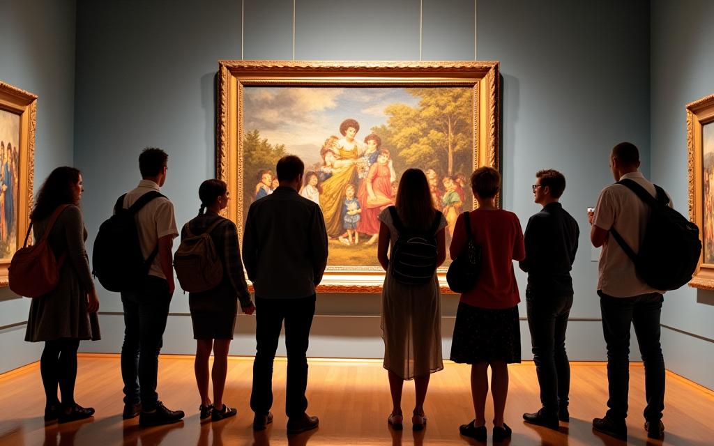 Reisegruppe mit Guide vor einem Gemälde in einem Museum